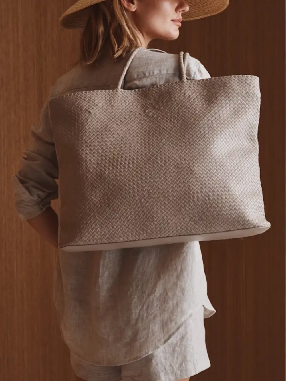 Quince Italian Leather Handwoven Tote Taupe